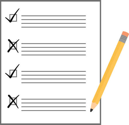 Vector illustration of a sheet with option boxes marked with crosses and check marks, with a pencilのイラスト素材