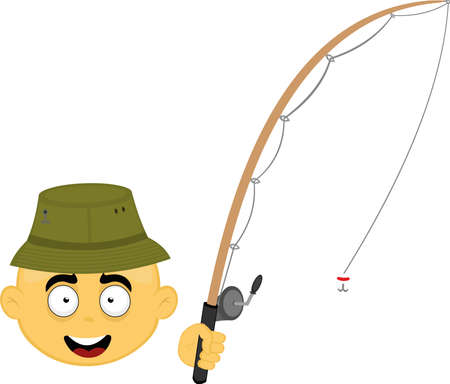 Vector illustration of the face of a yellow cartoon character, with a fisherman hat and a fishing rodのイラスト素材
