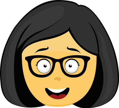 Vector emoticon illustration of a yellow cartoon woman face with a happy expression and nerdy glassesのイラスト素材