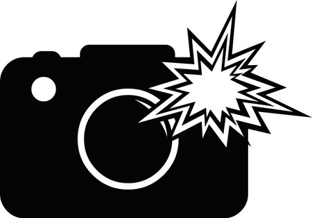 Vector illustration of camera icon with flash, drawn in black and whiteのイラスト素材