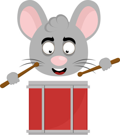 vector illustration face of a cartoon mouse with chopsticks in hands playing a drumのイラスト素材