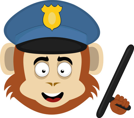 vector illustration face of a monkey animal with a police cap and nightstickのイラスト素材