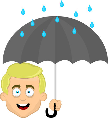 vector illustration face of a man cartoon blond blue eyes with an umbrella and raindropsのイラスト素材