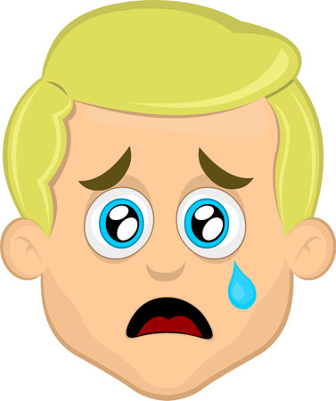 vector illustration face of a blond cartoon man with blue eyes, sad, with watery eyes and a tear falling from his faceのイラスト素材