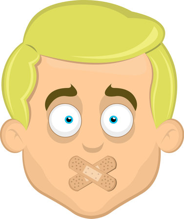 vector illustration face of a man cartoon blonde blue eyes, with adhesive bands in the mouthのイラスト素材