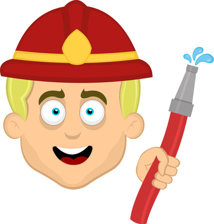 Illustrazione per vector illustration face of cheerful firefighter cartoon with a helmet, and holding a hose with drops of water - Immagini Royalty Free