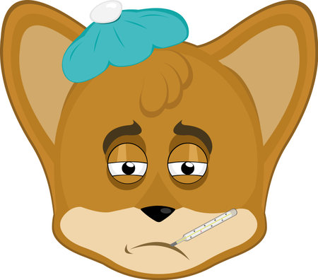 vector illustration emoticon character face fox animal, sick with a thermometer in his mouth and a bag of water on his headのイラスト素材