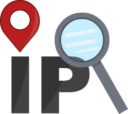 vector illustration text and symbol ip connection and magnifying glass tool, in search location concept iconのイラスト素材