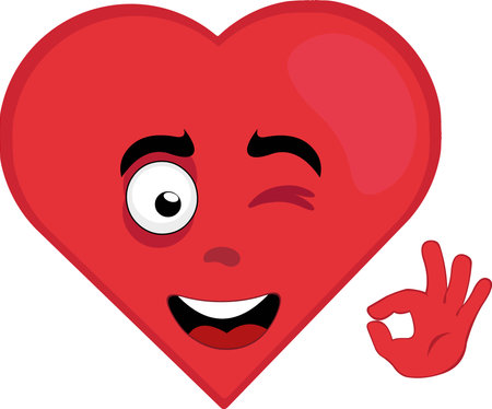 vector illustration emoticon character heart cartoon, winking eye and with his hand making an ok or perfect gestureのイラスト素材
