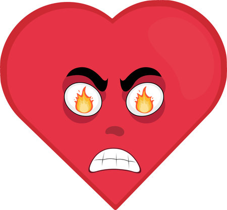 vector illustration emoticon character heart cartoon, with a furious expression and fire flame in his eyesのイラスト素材