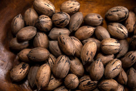 Raw in shell whole Pecan nuts dark and moody photo