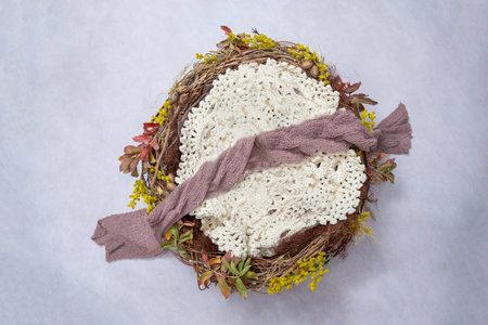 Newborn baby photography digital background with a twigs and autumn theme birds nest and crochet filler.の写真素材