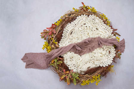 Newborn baby photography digital background with a twigs and autumn theme birds nest and crochet filler.の写真素材