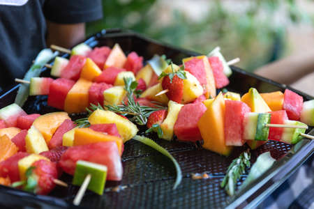 Watermelon, Strawberries and other fruit kebabsの写真素材