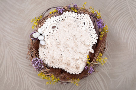 Twig nest, crochet filler and eggs Newborn Photography Digital Backdropの写真素材