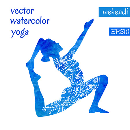 Vector silhouette of yoga woman with bright blue watercolor texture and white ethnic ornament.のイラスト素材