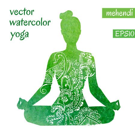 silhouette of yoga woman with bright green watercolor texture and white ethnic ornament.のイラスト素材
