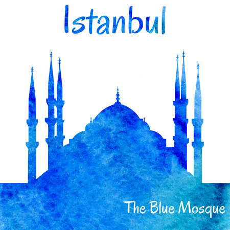 watercolor card with a silhouette of the Blue Mosque in Istanbul and bright blue textured background.のイラスト素材