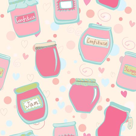 Vector seamless pattern with jam jars, dots, herats and swirls.のイラスト素材