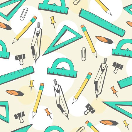 Vector seamless pattern School supplies for geometry classes. Bright blue, yellow, and orange objects on light beige background with white dots.のイラスト素材