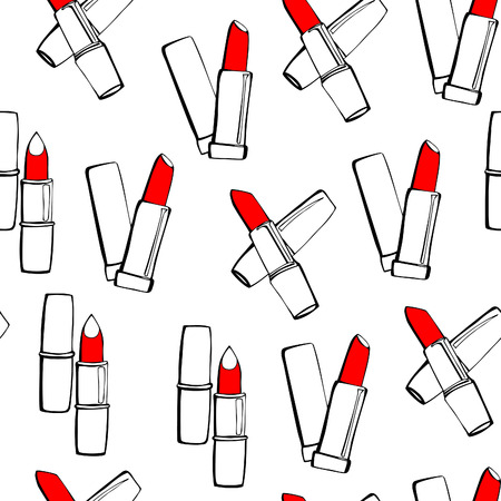 Vector seamless pattern with lipsticks. Black outlines with bright red stains on white background.のイラスト素材