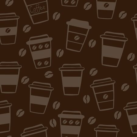 Vector seamless pattern with take away coffee cups and coffee beans in brown and light beige colors.のイラスト素材