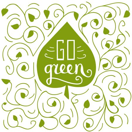 Vector illustration with lettering Go green in leaf silhouette with plant decoration.のイラスト素材