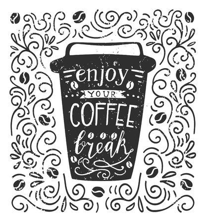 Vector illustration Coffee to go with lettering in black and white colors. Take away cup with hand written saying Enjoy your coffee break. Mug with script on background with swirls and grunge texture.のイラスト素材