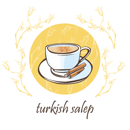 Hand drawn vector illustration with a cup of traditional turkish hot beverage salep with cinnamon sticks on a plate. Isolated doodle objects on a beige circle with floral ornament with ottoman tulips.のイラスト素材