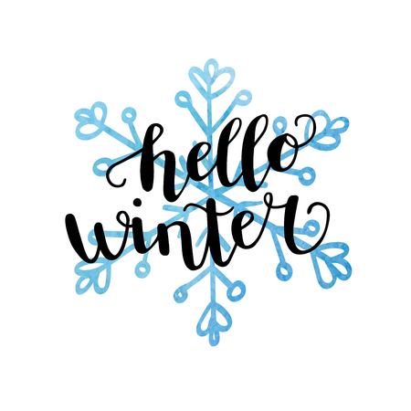 Hello winter. Vector illustration with hand lettering. Modern brush pen calligraphy and hand drawn snowflake with bright blue texture isolated on white background. Seasonal card, banner, poster designのイラスト素材