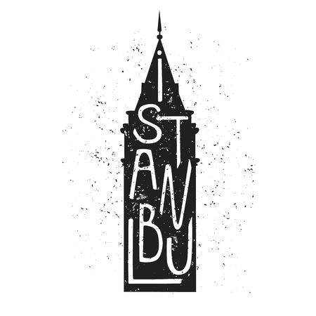 Vector illustration with black silhouette of famous turkish landmark Galata tower, hand lettering and grunge texture isolated on white background. Istanbul design for print, cards, posters.のイラスト素材