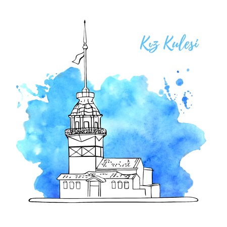 Vector sketchy illustration with a black outline silhouette of the Maiden Tower in Istanbul with bright blue watercolor texture splash on the background. Hand drawn famous turkish landmark.のイラスト素材
