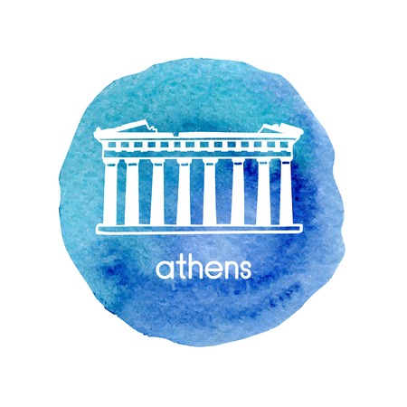 Vector illustration with bright blue watercolor stain and hand drawn doodle Parthenon in Athensのイラスト素材