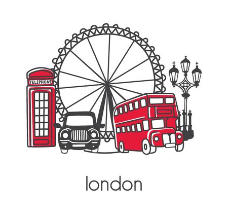 Modern vector illustration London with hand drawn doodle English symbols: double decker bus, telephone box, street lamp, cab, big wheel. Simple design with black outline isolated on white background.