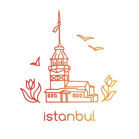 Vector illustration with hand drawn doodle outline of famous landmark in Istanbul - Maiden tower, tulip flowers and seagulls.のイラスト素材