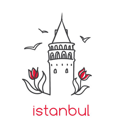 A Vector illustration with hand drawn doodle outline of famous landmark in Istanbul - Maiden tower, tulip flowers and seagulls.のイラスト素材