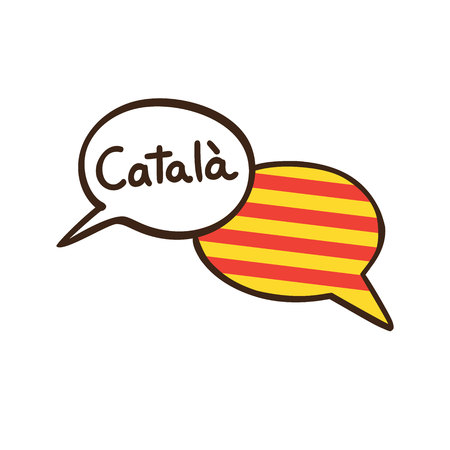 Vector illustration with two hand drawn doodle speech bubbles with a flag of Catalonia and hand written name of the Catalan language. Modern design for language.のイラスト素材