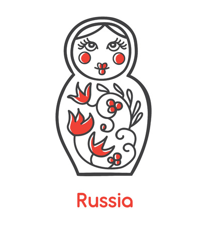 Vector flat icon illustration with traditional Russian doll Matryoshka souvenir with floral ornament. Black outline and bright red elements isolated on white background Welcome to Russia modern design.のイラスト素材