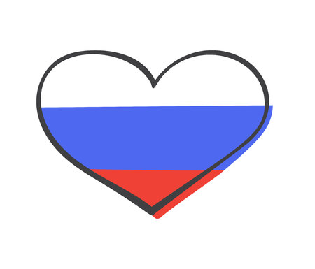 Vector hand drawn illustration with national flag of Russian Federation in doodle heart shape isolated on white background. Modern simple flat illustration.のイラスト素材
