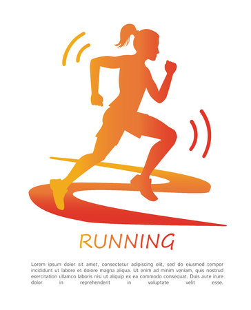 Running. Vector poster with a silhouette of a running woman on a track in a gradient of a red, orange and yellow colors. Fitness illustration with a female figure and place for your text.のイラスト素材