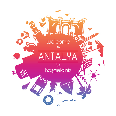 Translation: Welcome to Antalya. Red, pink, violet, gradient colors. Card, poster, banner, leaflet, flier design. - Vectorのイラスト素材