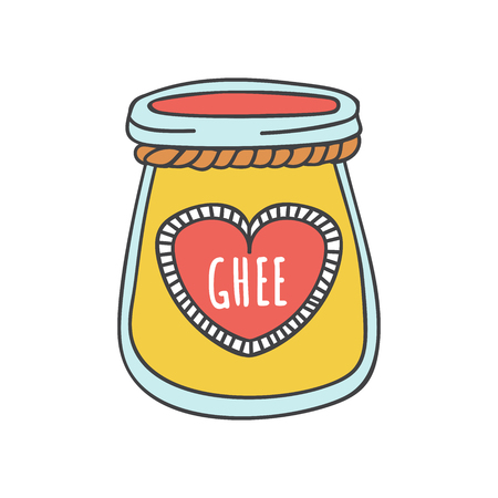 Ghee illustration of a glass with Indian ghee butter. Cute doodle jar with a decorative rope and a heart shaped label. Cartoon element.のイラスト素材