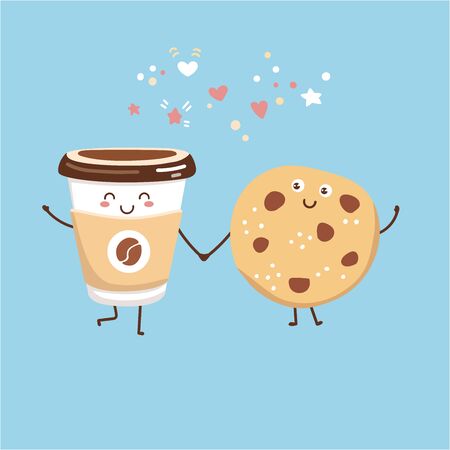 Cute vector illustration of a take away coffee cup and a chocolate cookie. Kawaii food characters. Smiling hot beverage and tasty snack. Card, poster, print design for cafe, restaurant, cafeteria.のイラスト素材