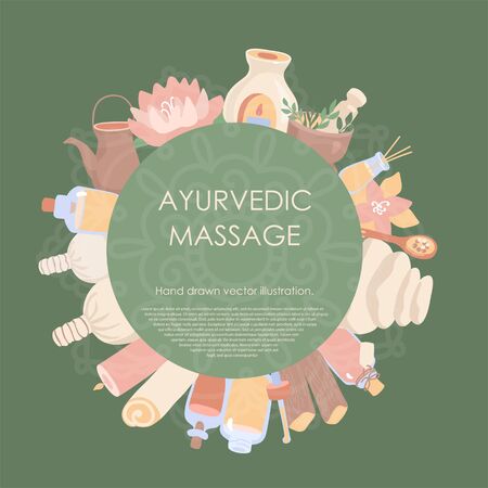 Vector illustration Ayurvedic massage. Shirodhara treatments equipment in the circle composition with a label for your text on the green background. SPA, wellness, body care concept.のイラスト素材