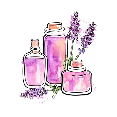 Hand drawn vector illustration of glass jars and bottles with Lavender essential oil. Beautiful flasks and flowers in sketch style. Black ink outline, colorful watercolor texture isolated on white.のイラスト素材