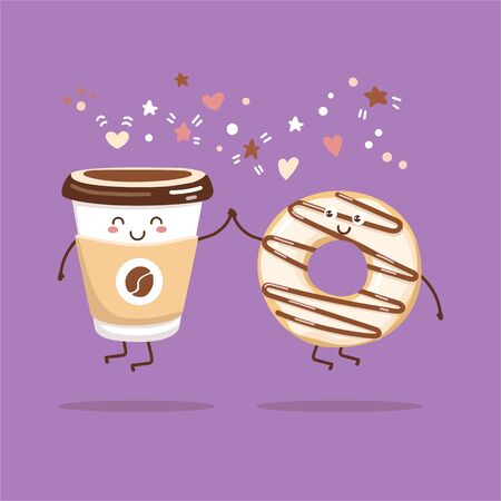 Vector illustration of coffee to go cup and a creamy donut with chocolate. Kawaii food characters. Couple of smiling hot beverage and a sweet snack. Cute card and poster design for a cafe or a bakery.のイラスト素材
