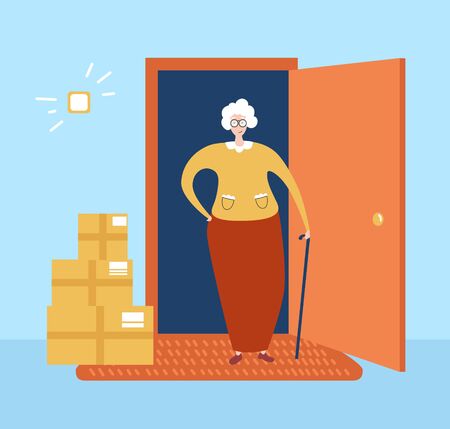 Vector illustration No contact delivery. Pensioner couple receives the order at the apartment door. Non-contact delivery service. Self isolation and quarantine lifestyle. Protect old people from virusのイラスト素材