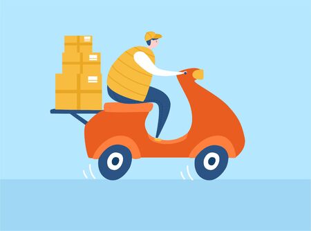 Vector illustration Express delivery. Courier on a bike delivering parcels. Quarantine period shipping. Online shop transportation.のイラスト素材