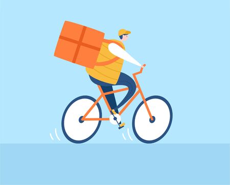 Vector illustration Express delivery. Courier on a bicycle delivering order. Quarantine period shipping. Online shop transportation.のイラスト素材