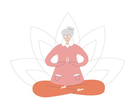 Flat vector illustration Senior Yoga. Cute grandmother in the Lotus position. Active lifestyle for elder people. Meditation and yoga practise for adults.のイラスト素材